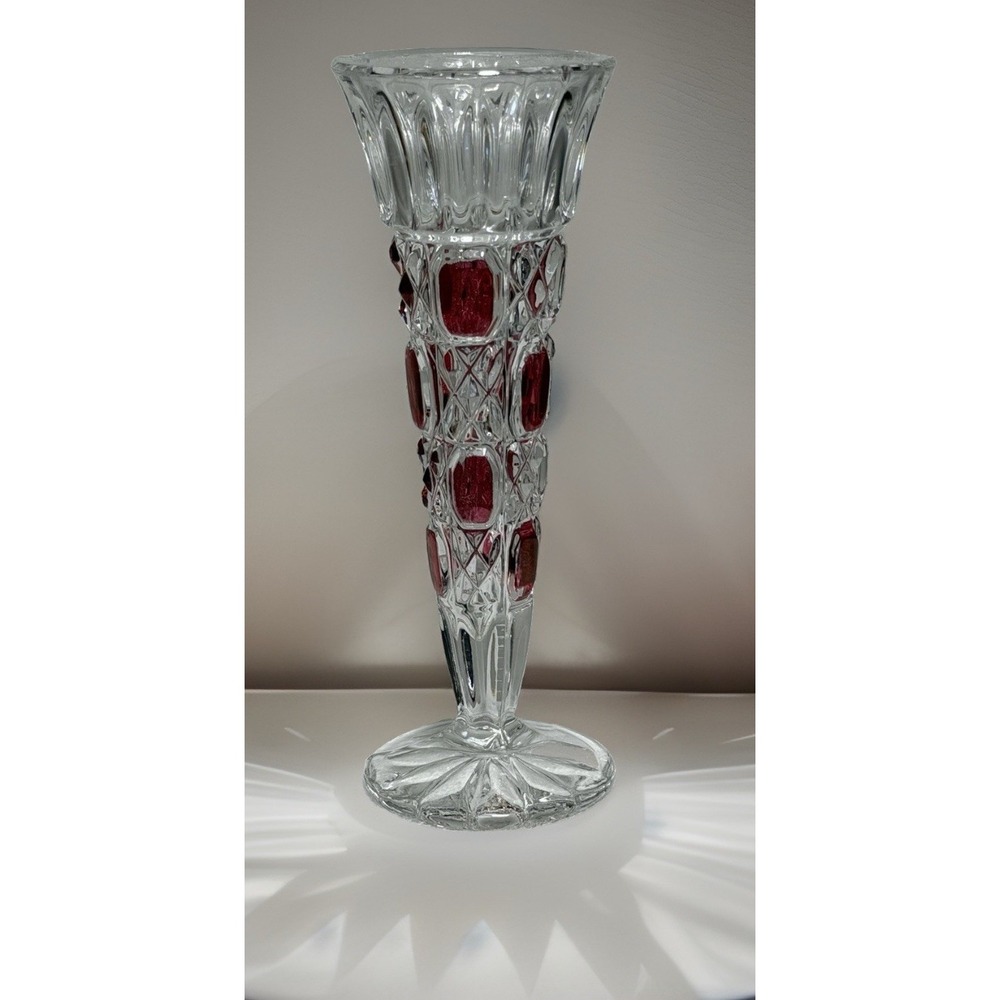 Vintage German Anna Hutte  8 Inch‎ Ruby Red 24% Lead Crystal Pedestal Bud Face